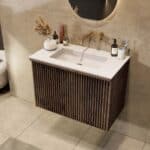 Dunkeleiche Badezimmermöbel 80 cm mit glatter Front, Innenschublade und Solid-Surface-Waschtisch