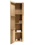 Softcube Badezimmerschrank 170 cm hoch mit abgerundeten Seiten und flacher Front in Eiche natur und push-to-open Tür.