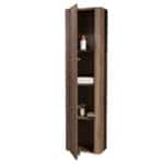 Softcube Badezimmerschrank 170 cm hoch mit abgerundeten Seiten und flacher Front in Eiche dunkel und push-to-open Tür.