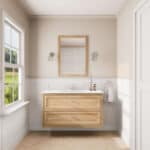 Wandhängendes Badezimmermöbel 120 cm aus Natureiche mit Landhausfront und zwei Softclose-Schubladen