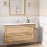 Wandhängendes Badezimmermöbel 120 cm aus Natureiche mit Landhausfront und zwei Softclose-Schubladen