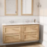 Wandhängendes Badezimmermöbel 140 cm aus Natureiche mit Landhausfront und zwei Softclose-Schubladen