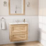 Wandhängendes Badezimmermöbel 70 cm aus Natureiche mit Landhausfront und zwei Softclose-Schubladen