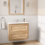 Wandhängendes Badezimmermöbel 80 cm aus Natureiche mit Landhausfront und zwei Softclose-Schubladen