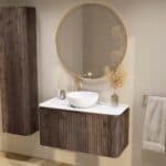 Rundes wandhängendes Badezimmermöbel 100 cm aus dunkler Eiche mit Riffelfront und weißes Solid-Surface-Becken
