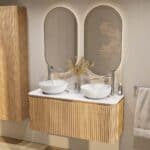 Rundes wandhängendes Badmöbel 120 cm aus Natureiche mit Riffelfront und weißes Solid-Surface-Becken mit zwei Waschbecken