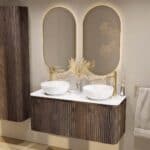 Rundes wandhängendes Badmöbel 120 cm aus dunkler Eiche mit Riffelfront und weißes Solid-Surface-Becken mit zwei Waschbecken