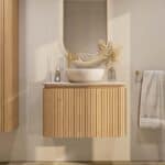 Rundes wandhängendes Badezimmermöbel 80 cm aus Natureiche mit Riffelfront und Platte