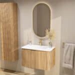Rundes wandhängendes Badezimmermöbel 80 cm aus Natureiche mit Riffelfront und matt-weißer Mineralguss
