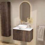 Rundes wandhängendes Badezimmermöbel 80 cm aus dunkler Eiche mit Riffelfront und weißes Solid-Surface-Becken