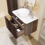 Rundes wandhängendes Badezimmermöbel 80 cm aus dunkler Eiche mit Riffelfront und weißes Solid-Surface-Becken