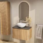 Rundes wandhängendes Badezimmermöbel 80 cm aus Natureiche mit Riffelfront und Granitplatte