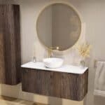 Rundes wandhängendes Badmöbel 120 cm aus dunkler Eiche mit Riffelfront und weißes Solid-Surface-Becken mit einem Waschbecken