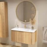 Rundes wandhängendes Badezimmermöbel 100 cm aus Natureiche mit glatte Front und matt-weißer Mineralguss