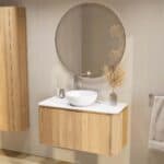Rundes wandhängendes Badezimmermöbel 100 cm aus Natureiche mit glatte Front und weißes Solid-Surface-Becken