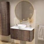 Rundes wandhängendes Badezimmermöbel 100 cm aus dunkler Eiche mit glatte Front und weißes Solid-Surface-Becken