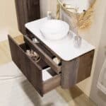 Rundes wandhängendes Badezimmermöbel 100 cm aus dunkler Eiche mit glatte Front und weißes Solid-Surface-Becken