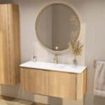 Rundes wandhängendes Badezimmermöbel 120 cm aus Natureiche mit glatte Front und matt-weißer Mineralguss