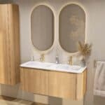 Rundes wandhängendes Badmöbel 120 cm aus Natureiche mit glatte Front und matt-weißer Mineralguss mit zwei Waschbecken