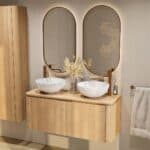 Rundes wandhängendes Badmöbel 120 cm aus Natureiche mit glatte Front und Eichenholzplatte mit zwei Waschbecken