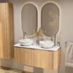 Rundes wandhängendes Badmöbel 120 cm aus Natureiche mit glatte Front und weißes Solid-Surface-Becken mit zwei Waschbecken