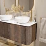 Rundes wandhängendes Badmöbel 120 cm aus dunkler Eiche mit glatte Front und weißes Solid-Surface-Becken mit zwei Waschbecken