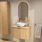 Rundes wandhängendes Badezimmermöbel 80 cm aus Natureiche mit glatte Front und Eichenholzplatte
