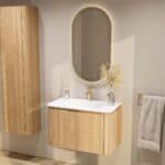 Rundes wandhängendes Badezimmermöbel 80 cm aus Natureiche mit glatte Front und matt-weißer Mineralguss