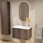 Rundes wandhängendes Badezimmermöbel 80 cm aus dunkler Eiche mit glatte Front und matt-weißer Mineralguss