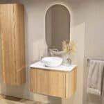 Rundes wandhängendes Badezimmermöbel 80 cm aus Natureiche mit glatte Front und weißes Solid-Surface-Becken