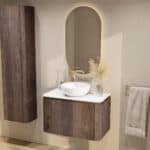 Rundes wandhängendes Badezimmermöbel 80 cm aus dunkler Eiche mit glatte Front und weißes Solid-Surface-Becken