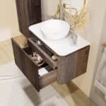 Rundes wandhängendes Badezimmermöbel 80 cm aus dunkler Eiche mit glatte Front und weißes Solid-Surface-Becken