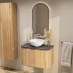 Rundes wandhängendes Badezimmermöbel 80 cm aus Natureiche mit glatte Front und Granitplatte