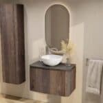 Rundes wandhängendes Badezimmermöbel 80 cm aus dunkler Eiche mit glatte Front und Granitplatte