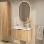 Rundes wandhängendes Badezimmermöbel 80 cm aus Natureiche mit glatte Front und matt-beiger Waschtisch