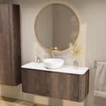 Rundes wandhängendes Badmöbel 120 cm aus dunkler Eiche mit glatte Front und weißes Solid-Surface-Becken mit einem Waschbecken