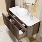 Rundes wandhängendes Badmöbel 120 cm aus dunkler Eiche mit glatte Front und weißes Solid-Surface-Becken mit einem Waschbecken