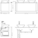 Rundes wandhängendes Badmöbel 120 cm aus dunkler Eiche mit Riffelfront und weißes Solid-Surface-Becken mit zwei Waschbecken