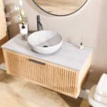 Wandhängendes Badezimmermöbel 100 cm aus Natureiche mit eine Schublade und graue Kalksteinplatte