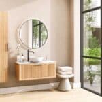 Wandhängendes Badezimmermöbel 100 cm aus Natureiche mit eine Schublade und weißes Solid-Surface-Aufsatzbecken (trendy)