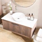 100 cm Wastischunterschrank aus massiver Eiche mit 1 Schublade und Solid Surface platte mit 1 Aufsaztbecken, Handwerkskunst für jahrelange Freude