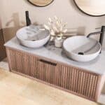 Wandhängendes Badezimmermöbel 120 cm aus dunkler Eiche mit eine Schublade und graue Kalksteinplatte (trendy)