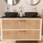 Wastischunterschrank aus massiver Eiche, 120 cm, mit 2 Schubladen und einer Arbeitsplatte aus Schwarzer Beton mit 2 Aufsaztbecken, handwerkliche Verarbeitung für jahrelange Freude