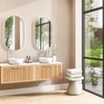 Wandhängendes Badezimmermöbel 160 cm aus Natureiche mit eine Schublade und weißes Solid-Surface-Aufsatzbecken (design)