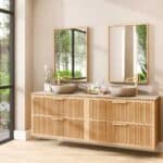 Wandhängendes Badezimmermöbel 200 cm aus Natureiche mit zwei Schubladen und beige Kalksteinwaschtisch (elegant)