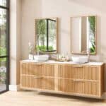 Wandhängendes Badezimmermöbel 200 cm aus Natureiche mit zwei Schubladen und weißes Solid-Surface-Aufsatzbecken (design)