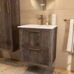 Wandhängendes Badezimmermöbel 60 cm aus dunkler Eiche mit zwei Schubladen und matt-weißer Mineralguss-Waschtisch (wandhängend