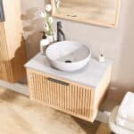 Wandhängendes Badezimmermöbel 70 cm aus Natureiche mit eine Schublade und graue Kalksteinplatte