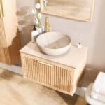 Wandhängendes Badezimmermöbel 70 cm aus Natureiche mit eine Schublade und beige Kalksteinwaschtisch
