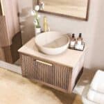 Wandhängendes Badezimmermöbel 70 cm aus dunkler Eiche mit eine Schublade und beige Kalksteinwaschtisch